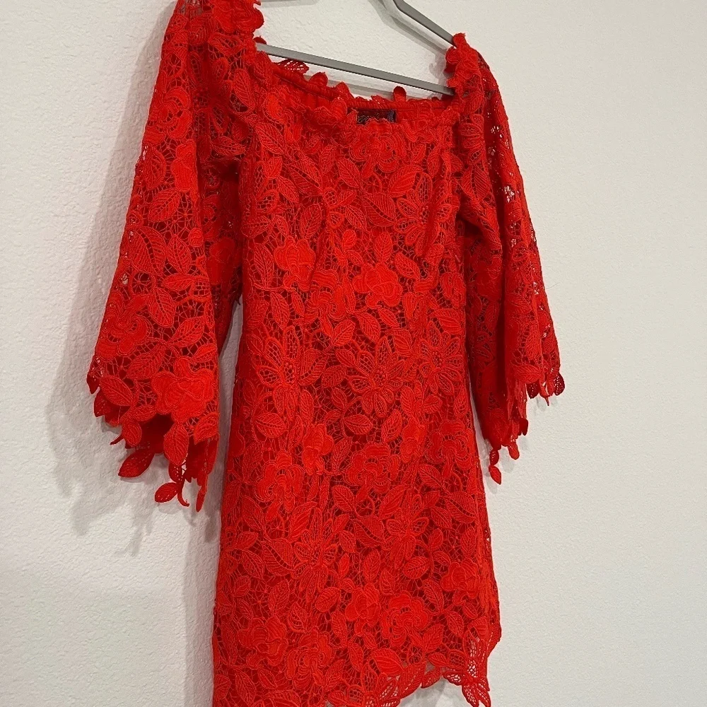 NWT FREE PEOPLE | Dusk Off The Shoulder Lace Dress in Fiesta Red | Size 8